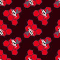 Contrast seamless doodle pattern with honeycombs and blue bees. Bright red ornament on dark maroon background. vector