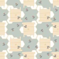 Light pink bees seamless doodle pattern. Blue pastel background with white honeycombs.