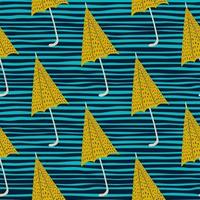 Season seamless rainy pattern with yellow umbrella silhouettes. Blue striped background. vector