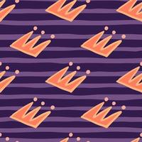 Orange doodle crown ornament seamless pattern. Purple stripped background on hand drawn art work. vector