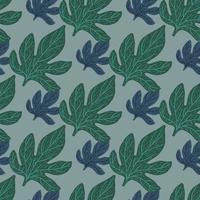 Decorative seamless foliage pattern with doodle green and navy blue leaves hand drawn shapes. vector