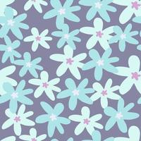 Random seamless botanic pattern with daisy flowers. Blue floral elements on purple background. vector