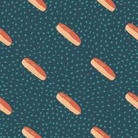 Diagonal tasty eclair seamless food pattern. Sweet elements in orange tones on dark turquoise dotted background. vector