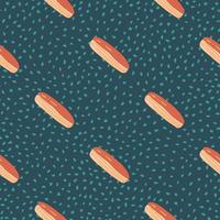 Diagonal tasty eclair seamless food pattern. Sweet elements in orange tones on dark turquoise dotted background. vector