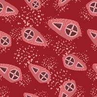 Ancient seamless pattern with doodle random shield print. Steel weapon elements on red blood background with splashes. War theme. vector