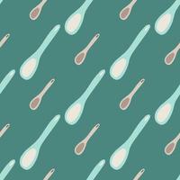 Seamless pattern with cooking spoon ornament. Stylized kitchen tools in blue and beige colors on dark turquoise background. vector