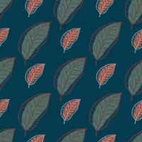 Dark leaf silhouettes outline seamless pattern. Green and maroon pale colored ornament on navy blue background. vector