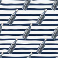 Cartoon seamless pattern with doodle bottles with message print. Blue and white striped background. vector