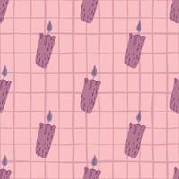 Purple doodle candles seamless pattern in hand drawn style. Pink chequered background. vector