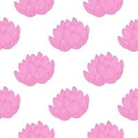 Isolated hand drawn seamless pattern with contoured pink lotus flower ornament. White background. vector