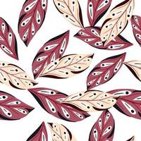 Isolated seamless pattern with random pink geometric leaf ornament. White background. Decorative forest foliage. vector