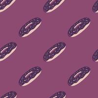 Food diagonal donuts seamless pattern. Stylized tasty backdrop in purple tones. Simple sweet snack print. vector