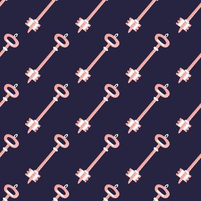 Pink colored keys victorian silhouettes seamless pattern. Navy blue dark background. Vintage simple backdrop.