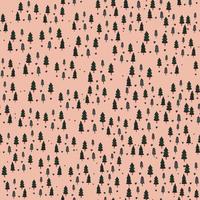 Little forest silhouettes seamless hand drawn pattern. Black fir tree elements on light pink background. vector