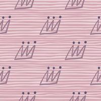 Outline crown ornament seamless pattern. Purple contoured elements on background with strips. vector