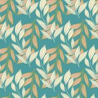 Foliage branches abstract silhouettes seamless pattern. Pastel light and orange botanic elements on blue turquoise background. vector