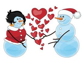 Two smiling snowmen in bright red Christmas clothes are going to hug or to kiss. A lot of hearts express that they are fallen in love. Isolated on white vector illustration. Cartoon characters.