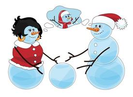 A couple of snowmen in red clothes making new baby. Family planning concept. New year and winter holidays symbol. Isolated on white vector illustration.