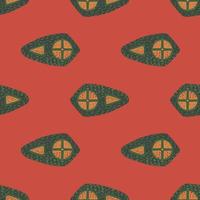 Green and orange colored shield elements seamless pattern. Decorative armor print on red pale background. vector