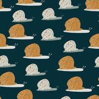 Cartoon seamless pattern with fairytail snails ornament. Orange and grey colored animals on dark turquoise background. vector