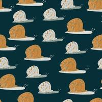 Cartoon seamless pattern with fairytail snails ornament. Orange and grey colored animals on dark turquoise background. vector