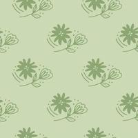 Abstract flower seamless pattern in line art style on green background. Doodle floral wallpaper. vector
