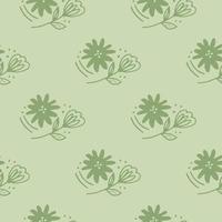 Abstract flower seamless pattern in line art style on green background. Doodle floral wallpaper. vector