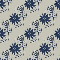 Doodle blue flower seamless pattern in line art style. Abstract floral wallpaper. vector