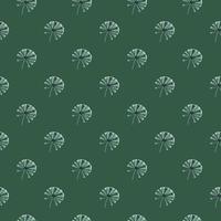Spring season seamless pattern with doodle palm licuala shapes. Green background. Simple style. vector