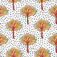 Autumn tree silhouettes seamless pattern. Forest ornament in orange and red tones. White background with dots. vector