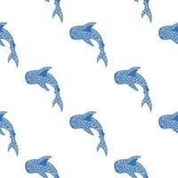 Minimalistic isolated seamless pattern with little blue whale sharks silhouettes. White background. vector