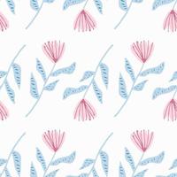Isolated simple seamlss flower pattern. Tulip silhouettes with pink buds and blue stems on white background. vector