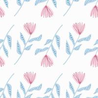 Isolated simple seamlss flower pattern. Tulip silhouettes with pink buds and blue stems on white background. vector