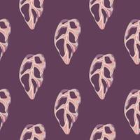 mármol rosa monstera siluetas de patrones sin fisuras. impresión simple de follaje de palma con fondo morado. vector