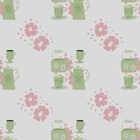 Pale seamless doodle pattern with green teapot silhouettes and pink flowers. Light grey background. vector