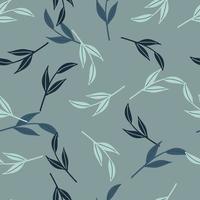 Nordic seamless patetrn with random leaf branches silhouetes. Blue background. Scandi doodle print. vector