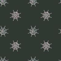 Random seamless pattern with grey colored ship wheel ornament. Black background. Sailboat backdrop. vector