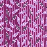 Abstract seamless pattern with decorative random simple foliage leaves ornament. Striped purple background. vector