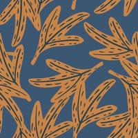 Random abstract botanic seamless pattern with orange leaf simple ornament. Blue background. vector