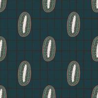 Seamless doodle creative pattern with grey abstract kiwi fruit shapes. Dark blue chequered background. vector