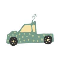 Little green truck in doodle style. Cute children automobile transportation. Baby transport. Drawing sketch. vector