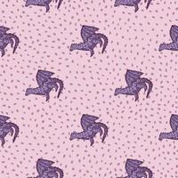 Magic seamless pattern with dragons purple ornament. Pink background with dots. vector