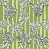 Random seamless pattern with outline monstera elements. Green striped background. Tropic print. vector