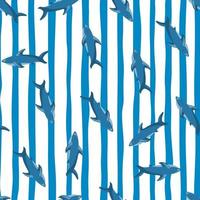 Random seamless animal sea pattern with blue random shark print. White and blue striped background. vector