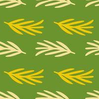 Abstract nature seamless pattern with beige and yellow doodle leaf branches. Green background. vector