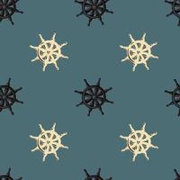 Decorative sailor seamless pattern with beige and black ship wheel ornament. Navy blue pale background. vector