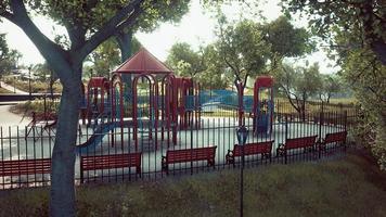 empty children playground in summer during lockout for Covid-19 pandemic photo