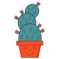 Cute cactus with flowers in shape of heart in flowerpot. Vector illustration isolated on white. For cards, posters, printing. Funny romantic succulent.