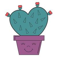 Cute cactus in shape of heart with flowers in flowerpot isolated on white background. vector