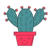 Cute cactus with flowers in shape of heart in flowerpot. Vector illustration isolated on white. For cards, posters, printing. Funny romantic succulent.